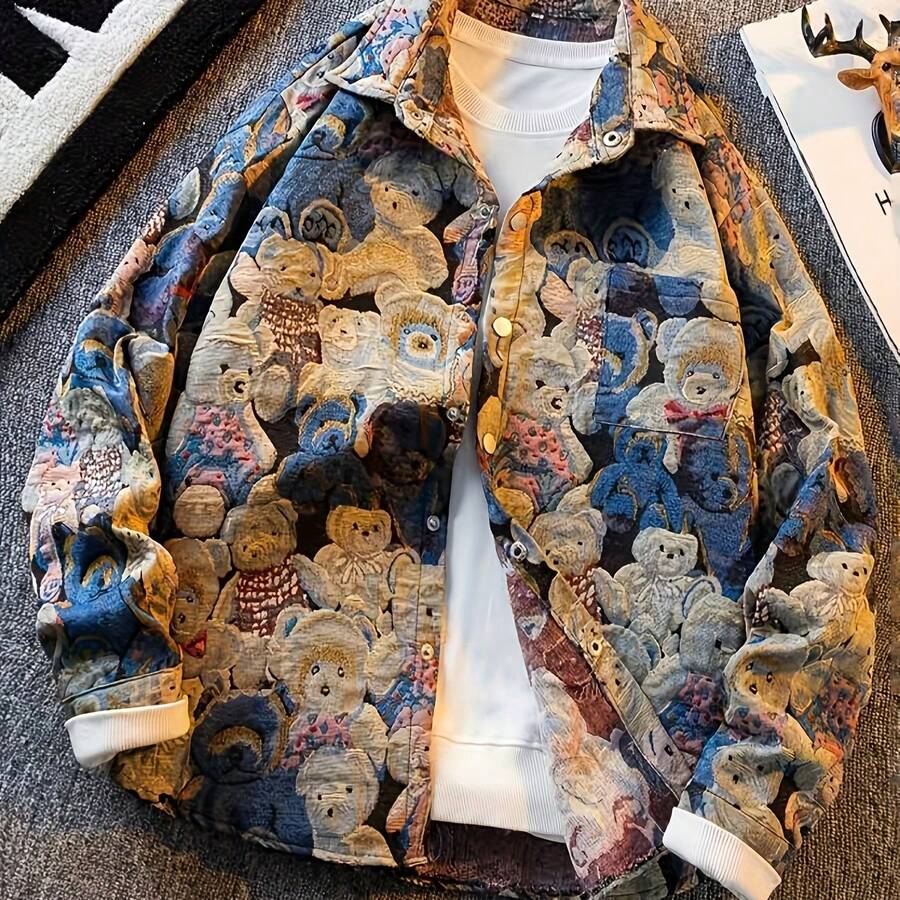 Men'S Vintage Americana Shirt Jacket - Softshell Button-Front Coat With Teddy Bear Pattern, Classic Collar & Pocket - Lightweight Casual Outerwear For Everyday & Formal Events.Ropa De Hombre,Christmas,Conjunto Para Hombre,Basics Winter Clothes,Men Gifts,Chaquetas Para Hombre,Coats For Men,Christmas,Clothes,Kpop Demon Hunters,K Pop,Y2k Clothes,Christmas Outfit Men,Mens Clothes,Men,Gifts For Men,Western - Nhiều màu - Xem 1