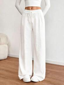 Women's Casual Versatile Solid Color Wide Leg Pants Fall Cloth For Womenwith A Stylish Fake Drawstring And Pockets - White - View 3
