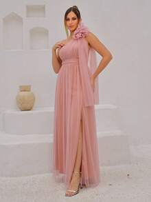 Long One-Shoulder Dress With Glittery Flower - Rusty Rose - View 3