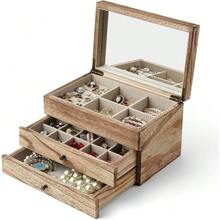 Meangood Jewelry Box Organizer For Women, 3 Layer Large Jewelry Storage Case, Rustic Wooden Jewelry Box With Mirror & Ring Tray For Necklace Earring Bracelets Rings, Vintage Style (Carbonized Black) - 3 lớp than đen - Xem 7