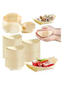 100/200 szt. 5,51" Drewniane talerze w kształcie łódki, tace do sushi, talerze do przystawek, tace do serwowania sushi, drewniana zastawa stołowa, naczynia jednorazowe, artykuły imprezowe, tace cateringowe odpowiednie do restauracji, domu, świąt, hawajskich wesel, talerze świąteczne