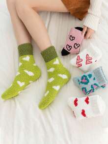 5 Pairs Coral Fleece Slipper Socks For Women, Cute Half Plush Heart Design, Warm Thick Mid-Calf Socks For Winter