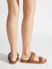 Casual Holiday Brown Metal Strap Flat Sandals - Brown - View 10