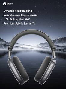 Picun Wireless Over Ear Headphones With 52dB Hybrid ANC, Hi Res Audio, 140H Playtime, Dual Device Pairing, 5 Mic ENC System & Detachable Fabric Cushions All Day Comfort & Productivity