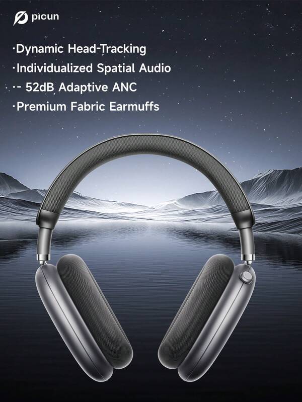 Picun Picun Wireless Over Ear Headphones With 52dB Hybrid ANC, Hi Res Audio, 140H Playtime, Dual Device Pairing, 5 Mic ENC System & Detachable Fabric Cushions All Day Comfort & Productivity