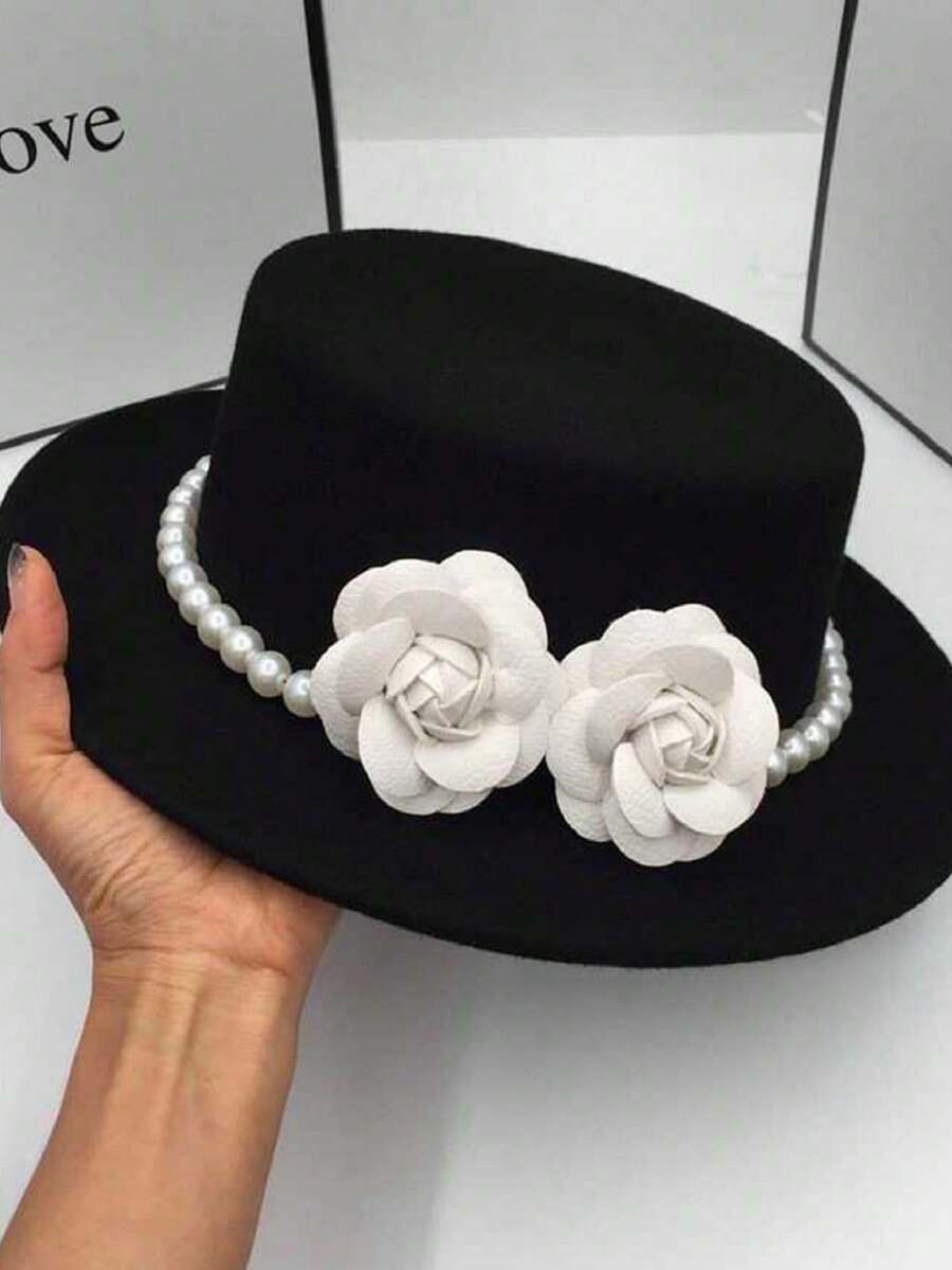 Women Wool Boater Hat Pearl Flower Decor Classic Flat Top Fedora Hat Personalized Wide Brim Church Derby Cap - 黑色 - 查看 1