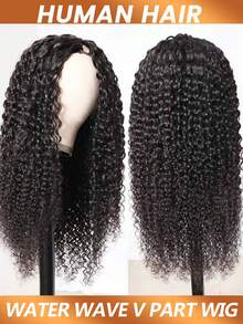 V 型假发，水波纹，人发，机器制造，湿发波浪形，V 型假发，适合女士，自然色，密度 180%