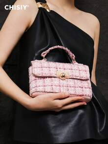 Retro And Elegant Tweed Handbag, Generous And Simple Shoulder Bag, Customized Gold Ball Buckle Crossbody Bag, Suitable For Business Casual, Shopping And School, Front Twist Lock Handbag, With Shoulder Strap, Shoulder Bag, Crossbody Bag Is Very Suitable For Daily Life, Party And Travel, Lightweight And Durable, Versatile Retro Charm, Suitable For Women Who Pursue Elegant Personality, Suitable For Any Occasion, Showing Unique Fashion Taste - 粉色 - 查看 3
