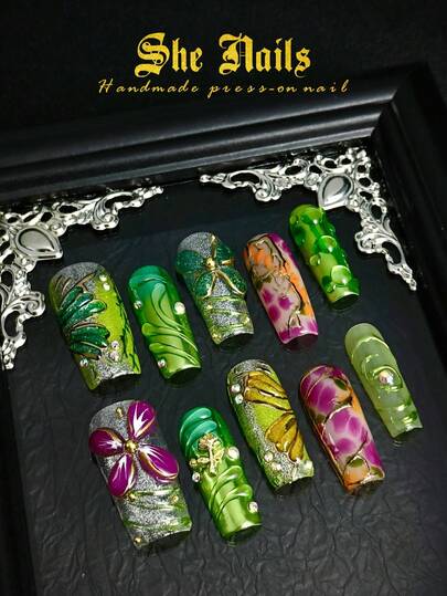 DIY Cute Baroque Nail Art Look With 10pcs Western Style Y2K Style Chinese Style Acrylic Press On Nails, Green Nails Coloful Nails Summer Naisl Shinning Nails Long Square Nails Pure Hand-Painted Colorful Flowers, Water Ripples, 3D Metallic Lines Water Droplets Long Square Shaped Pure Handmade Acrylic Press On Nails, Suitable For Girls To Use Wear With Free Gel Sticker Nails File.