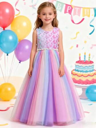 1pc Young Girl Rainbow Ballet Dress, Sleeveless Round Neck Costume Dress With Butterfly Details, Lace Overlay, Comes With Belt, Suitable For Party, Pageant And Performance