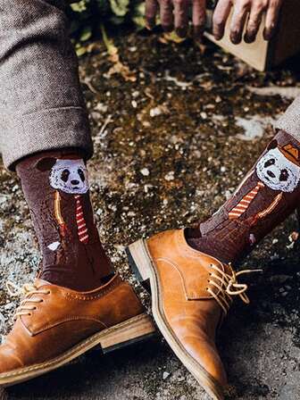 1 par de calcetines de media caña unisex con diseño retro británico de caballero, calcetines con intarsia de un panda con corbata, adecuados para todas las estaciones