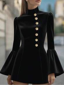 Women's High Neck Puff Sleeve Button Decorated A Line Mini Dress - 黑色喇叭袖 - 查看 2