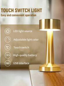1pc Portable Metal LED Desk Lamp, Wireless Metal Table Lamp, 3-Color Touch Control Rechargeable Light, 3-Level Brightness Adjustable, Suitable For Room Decor, Bedside, Dining Room And More - Multicolor - View 11