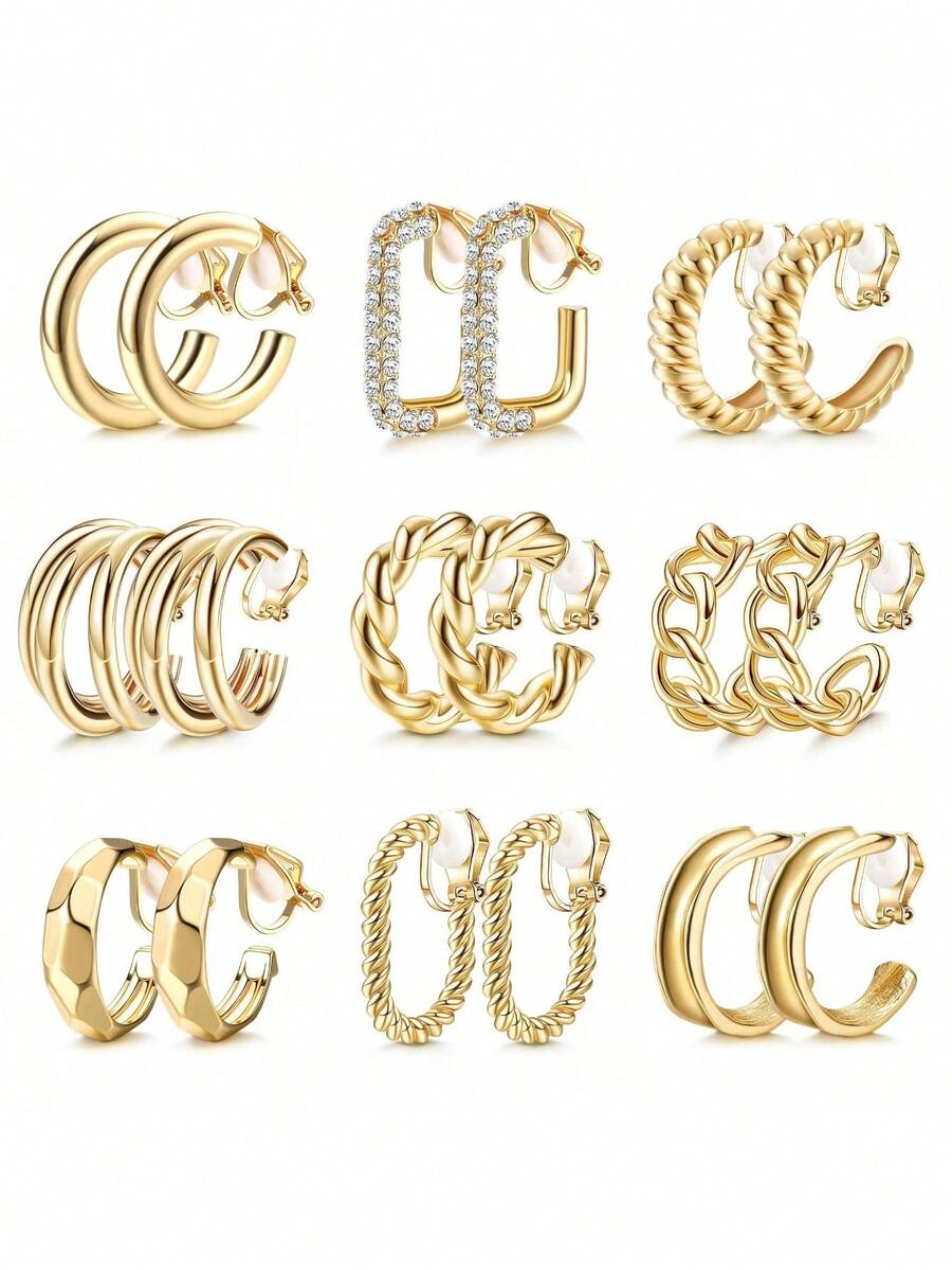 4-9 par złotych klipsów, 14-karatowe złoto, grube, okrągłe kolczyki, klipsy, kolczyki dla kobiet, biżuteria sztuczna, geometryczne, w kształcie litery C, bezbolesne, wydrążone klipsy do uszu z metalu, prosty i elegancki styl, bez przekłuwania uszu dla kobiet, złote kolczyki, kolczyki dla kobiet, kolczyki, kolczyki, złote kolczyki, biżuteria, damskie kolczyki, klipsy, kobiety, prezent na Święto Dziękczynienia, Walentynki dla dziewczyny, najlepszej przyjaciółki, mamy