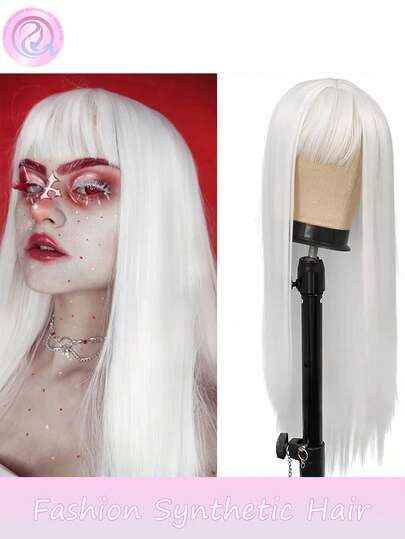 Perruque blanche avec frange, perruque blanche longue et droite pour femmes, perruque synthétique résistante à la chaleur de 24 pouces pour femmes pour le cosplay, la fête d'Halloween, le jeu de rôle. Perruque belle, sexy et élégante pour femmes, convenant à toute forme de visage et à tous les styles
