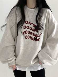 女式休闲圆领复古印花宽松长袖运动衫上衣，秋冬 - 淺花灰 - 查看 1