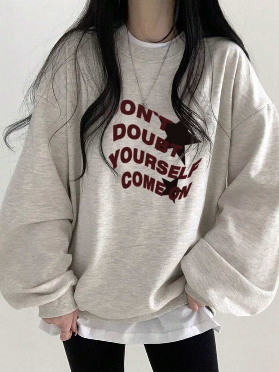 女式休闲圆领复古印花宽松长袖运动衫上衣，秋冬 - 淺花灰 - 查看 1