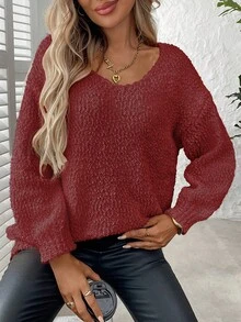 Plus Size Solid Color Crew Neck Casual Long Sleeve Knit Sweater - Burgundy - View 7