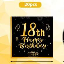 Gold-Stamped 18th Birthday Happy Patterned Tissue Paper. Disposable Printed Table Napkins For Party And Gathering, 20 Pieces.