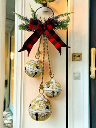 3pcs/1 Set Christmas Holiday Three Bells With Bow, One String Of Christmas Holiday Doorbell, Christmas Holiday Bell Ornaments, Christmas Decorations Home Decor Wall Decor Window Decor Door Decor House Decor Gold Bells Rustic Style, Festive Entryway Display, Elegant Holiday Display, No Electricity Required