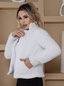 Teddy Coat With Zipper, Women's Plush Blouse With Pocket And Collar - trắng - Xem 3