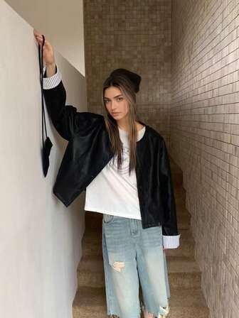 Chaqueta de cuero casual con botones y cremallera frontal de unicolor para mujer