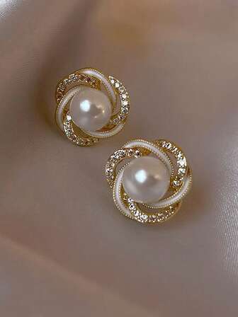 1 对时尚简约珍珠耳钉，适合女士，甜美优雅水晶装饰耳环