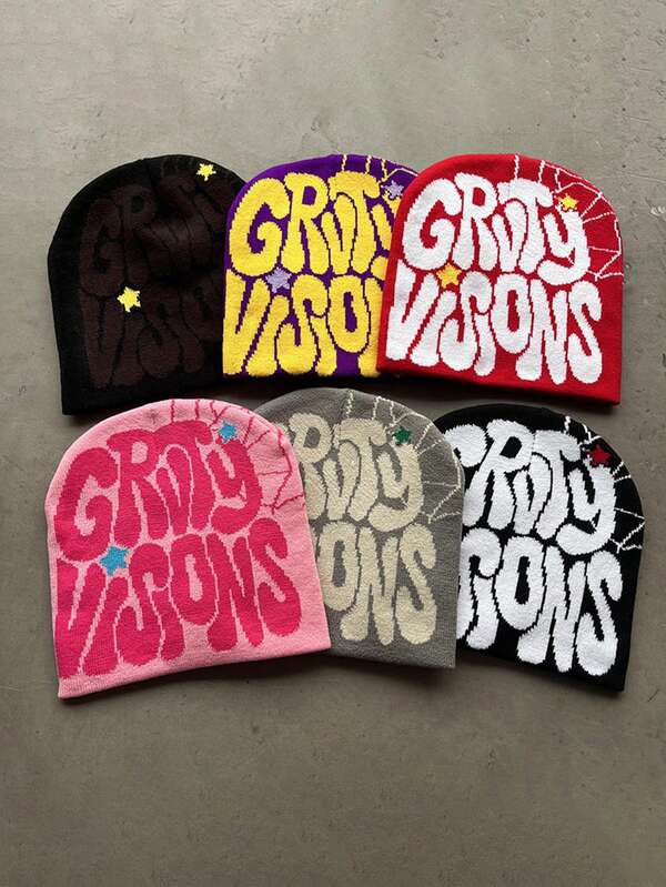 2 szt. damskich wielokolorowych czapek z dzianiny żakardowej z motywem liter i pajęczyny, modny styl uliczny, nadaje się do noszenia na co dzień