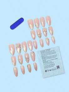 24 Pieces Long Almond Shaped Fake Nail Pink Fashionable Dance Butterfly Cat Eye Design Nail Kit With Long Press Nail Suitable For Holiday Wear, Parties, Friends, Dates, Daily Wear Press On Nails Nail Supplies Nails