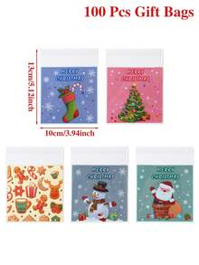 100 piezas Bolsas de caramelos navideños con autoadhesivo, bolsas de plástico transparente con diseño de Papá Noel, muñeco de nieve, reno y árbol de Navidad, para decoración navideña, envoltura de regalos, fiestas navideñas, decoración del hogar, decoración festiva, Feliz Navidad, regalo de Navidad