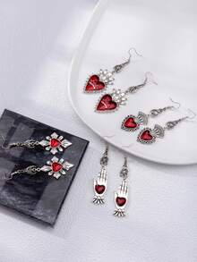 1 件复古迷人哥特式街头心形皇冠吊坠耳环，复古多魅力哥特式心形骷髅吊坠，粗链项链，耳环套装，红心，黑色万圣节珠宝礼物，情人节，妈妈，母亲节，礼物 - 霧面金 - 查看 7