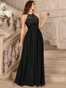 MIUSOL Đầm maxi dự tiệc trang trọng, hở lưng, xếp ly, chất liệu chiffon đính sequin và ren hoa, thích hợp cho khách dự đám cưới, lễ tốt nghiệp, tiệc chiêu đãi và các dịp khác, màu đen mùa xuân, thích hợp cho ngày Valentine. - màu đen - Xem 7
