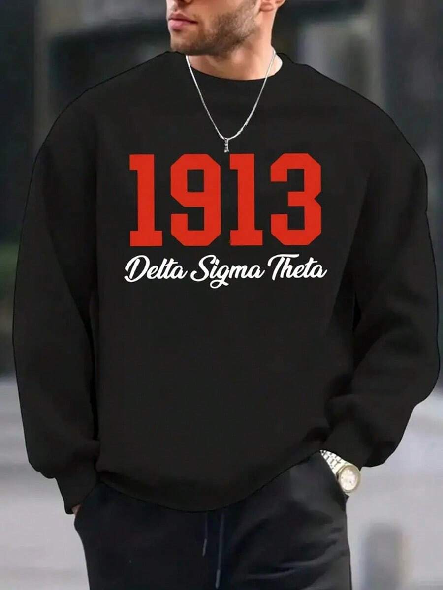 Men's Delta Sigma Theta 1913 Vintage Greek Lettering Sweatshirt - Black With Red & White Fraternity Design, Comfortable Round Neck Long Sleeve Pullover, Machine Washable Casual Apparel For Sorority Events & Casual Attire,Fall Hoodies,Men's Fall Clothes,Street Wear,Halloween,Mens Hoodies,Y2k Clothes,Jesus Hoodie,Thanksgiving Day,Nightmare Before Christmas,Christmas - Black - View 1