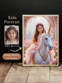 1 tablou personalizat cu prințesă, portret personalizat de fată călare cu unicorn. Potrivit pentru copii, bebeluși, familie, cei mai buni prieteni. Ca tablou roz, portret de prințesă personalizat pe baza fotografiei. Perfect pentru dormitor, sufragerie, creșă, decor cameră copii, sufragerie, birou de acasă. Oferă-i/ei un cadou unic. Cadou pentru fete, cadou personalizat pe baza fotografiei.