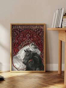 1pc Vintage Frameless Canvas Wall Art - Two Horses On Persian Rug, Equestrian & Persian Carpet Design, Red & Blue Traditional Patterns, Modern Aesthetic Room Decor For Living Room, Corridor, Bedroom