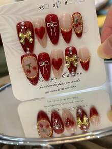 10pcs Retro Vintage Cherry Nail Stickers, Handmade 3D Cherry, Bowknot Almond Shaped Nail Art, Cute Vintage Gold Nail Decals, Handpainted Bow & Heart Nail Stickers, Suitable For New Year, Holidays, Stylish Bling Gold Studs, Reusable Press-On Nails, Y2K Nails(Random Delivery). - 隨機 - 查看 9