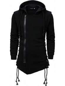 Sudadera con capucha de asesino para hombres, estilo gótico con cremallera asimétrica y cordones laterales, chaqueta con capucha de felpa para Halloween - Negro - Ver 7