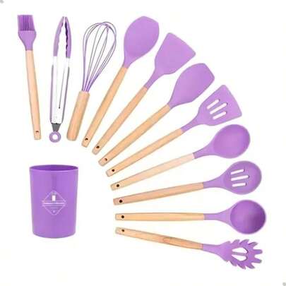 Kit 12 Utensílios Cozinha Silicone Cabo Madeira Resistente Calor Jogo de Utensilios Antiaderente Premium