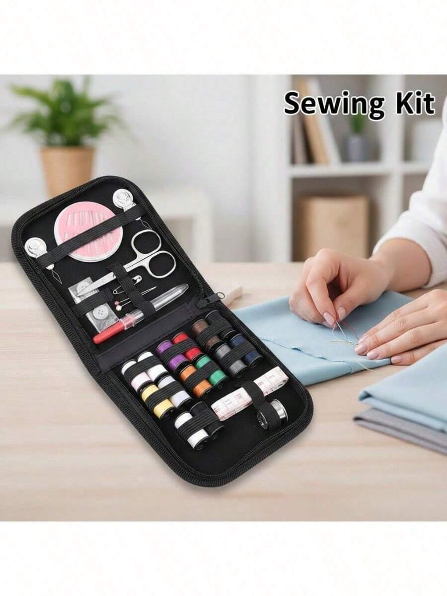 1 pieza Kit de costura portátil de viaje con talla grande de 60 piezas - Juego de herramientas de reparación de emergencia completo para el hogar, la sastrería y la reparación de ropa - Negro - Ver 1