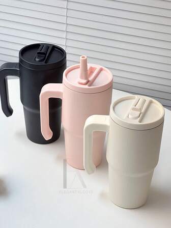 20oz Leak-Proof Tumbler With Handle And Foldable Straw, Double-Wall Vacuum Insulated Mug For Hot & Cold Drinks, Minimalist Travel Cup