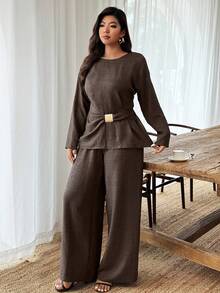 UrbanChic Minimalist 2Pcs Plus Size Cinching Waist Metal Buckle Decorated Suit, Solid Color, Modest, Wedding Season, Valentine's Day Outfit, White Party Event, Spring Break Outfits, Spring Outfit, Summer Holiday Outfits - Coffee Brown - View 7