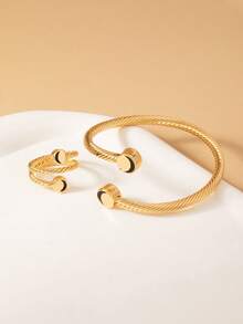 2 Pieces/Set Of Fashionable And Versatile Personalized Gold Twist Open Bracelet Ring Set, Fashionable, Lightweight, Summer Beach Vacation Bracelet Ring Jewelry Set, Suitable For Women's Daily Wear, Various Holiday Party Jewelry, Couple Gifts