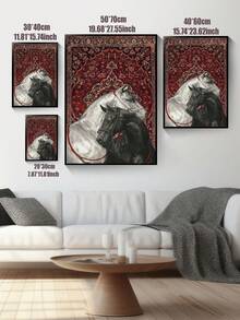 1pc Vintage Frameless Canvas Wall Art - Two Horses On Persian Rug, Equestrian & Persian Carpet Design, Red & Blue Traditional Patterns, Modern Aesthetic Room Decor For Living Room, Corridor, Bedroom