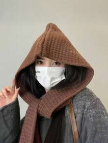 1 Peça Lenço com Capuz de Tricô Fashionável de Cor Sólida Preto/Bege/Cáqui/Marrom/Vermelho com Padrão Trançado, Combinando Estilos Casuais, Boêmios e Elegantes, Confeccionado em Mistura Acrílica Macia Tricotada com Detalhes Trançados e Franjas Intrincados, Design Multifuncional como Lenço com Capuz, Xale