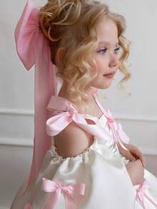 Young Girl Spaghetti Strap Bow Puff Sleeve Princess Dress, Suitable For Children Birthday Party, Flower Girl, Wedding, Banquet, Prom, Holiday Celebration - 白色 - 查看 6