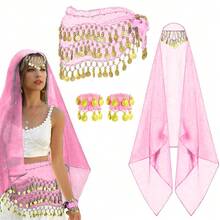 Belly Dance Set Belly Dance Chiffon Hip Scarf, Bandana Wrist Bracelet Dance Accessories With Gold Coins - Multicolor - View 10