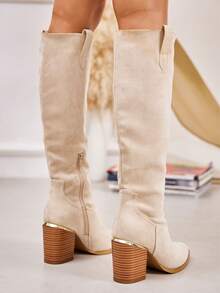fandelle Women's Pointed Toe Side Zipper Fashion Chunky Heel Tall Boots For Daily Wear - Beige - View 5