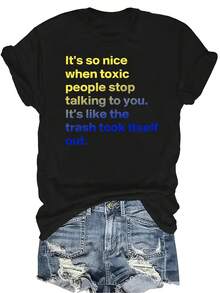 [Camiseta de moda casual] Camiseta suave y cómoda para mujer - Alivio del silencio tóxico Casual de manga corta y cuello redondo, regalo perfecto para la abuela y la mamá, uso casual de primavera y verano - Negro - Ver 1