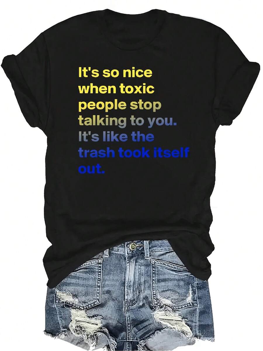 [Camiseta de moda casual] Camiseta suave y cómoda para mujer - Alivio del silencio tóxico Casual de manga corta y cuello redondo, regalo perfecto para la abuela y la mamá, uso casual de primavera y verano - Negro - Ver 1