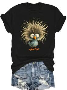 [Camiseta de Moda Casual] Camiseta de mujer suave y cómoda - Camiseta de manga corta de cuello redondo con diseño de pájaro esponjoso, regalo perfecto para la abuela y la mamá, uso casual de primavera y verano - Negro - Ver 1
